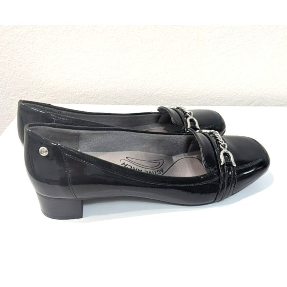 Black Patent Block Heel Loafer Silver Chain Y2K LifeStride Women 10M Soft System - Picture 4 of 7